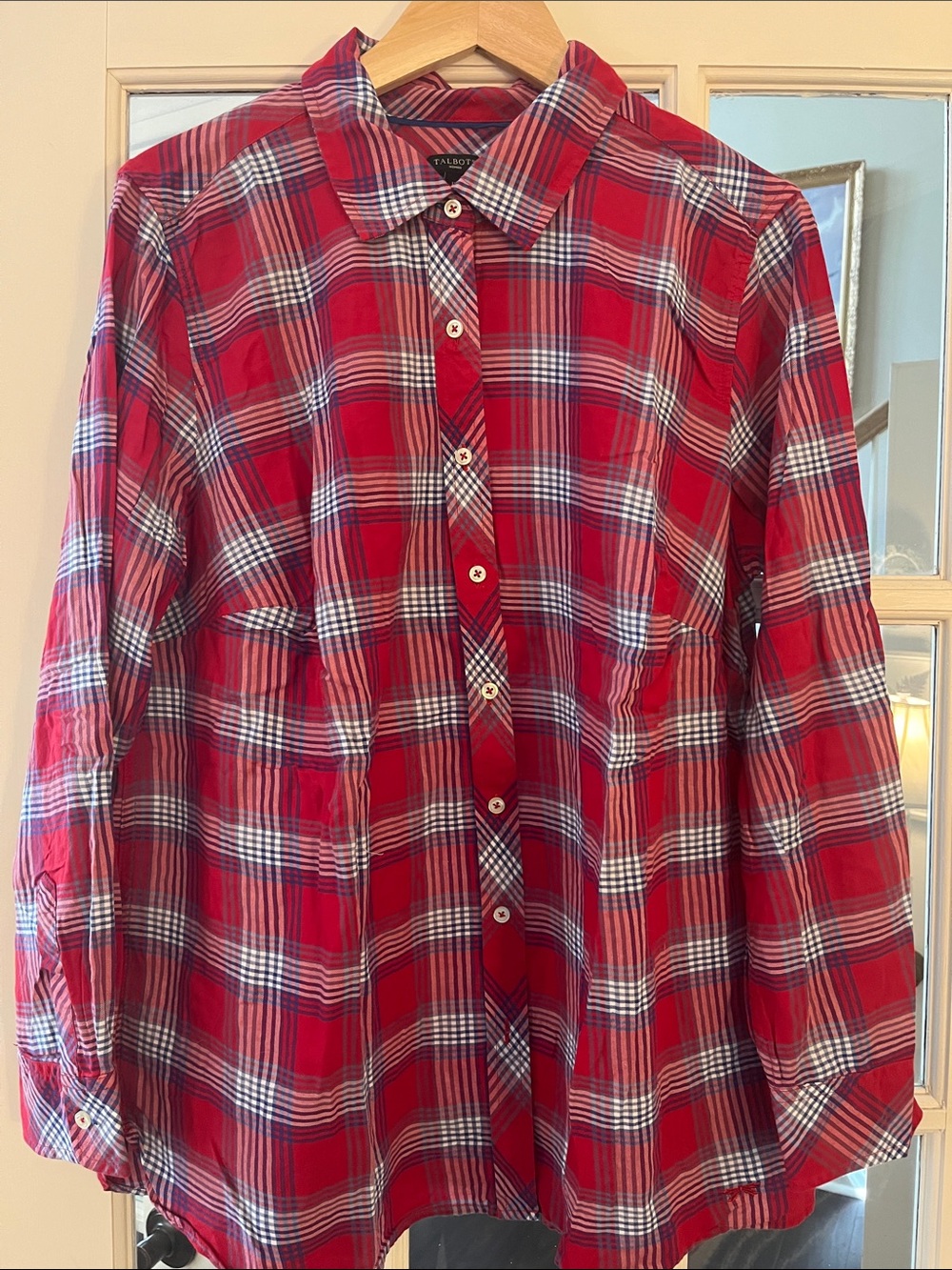 Talbots Red Plaid Button-Down Shirt with White & Navy Accents. 1X